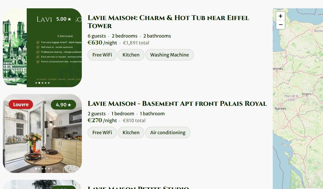 Real estate listings page with two apartment cards and a map on the right
