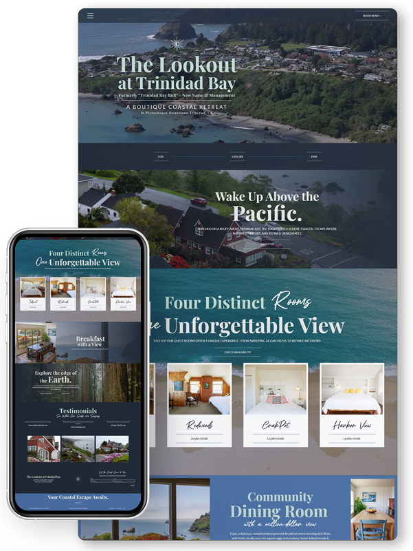 Hotel and resort website mockup on desktop, tablet, and phone showing scenic bay views and room listings