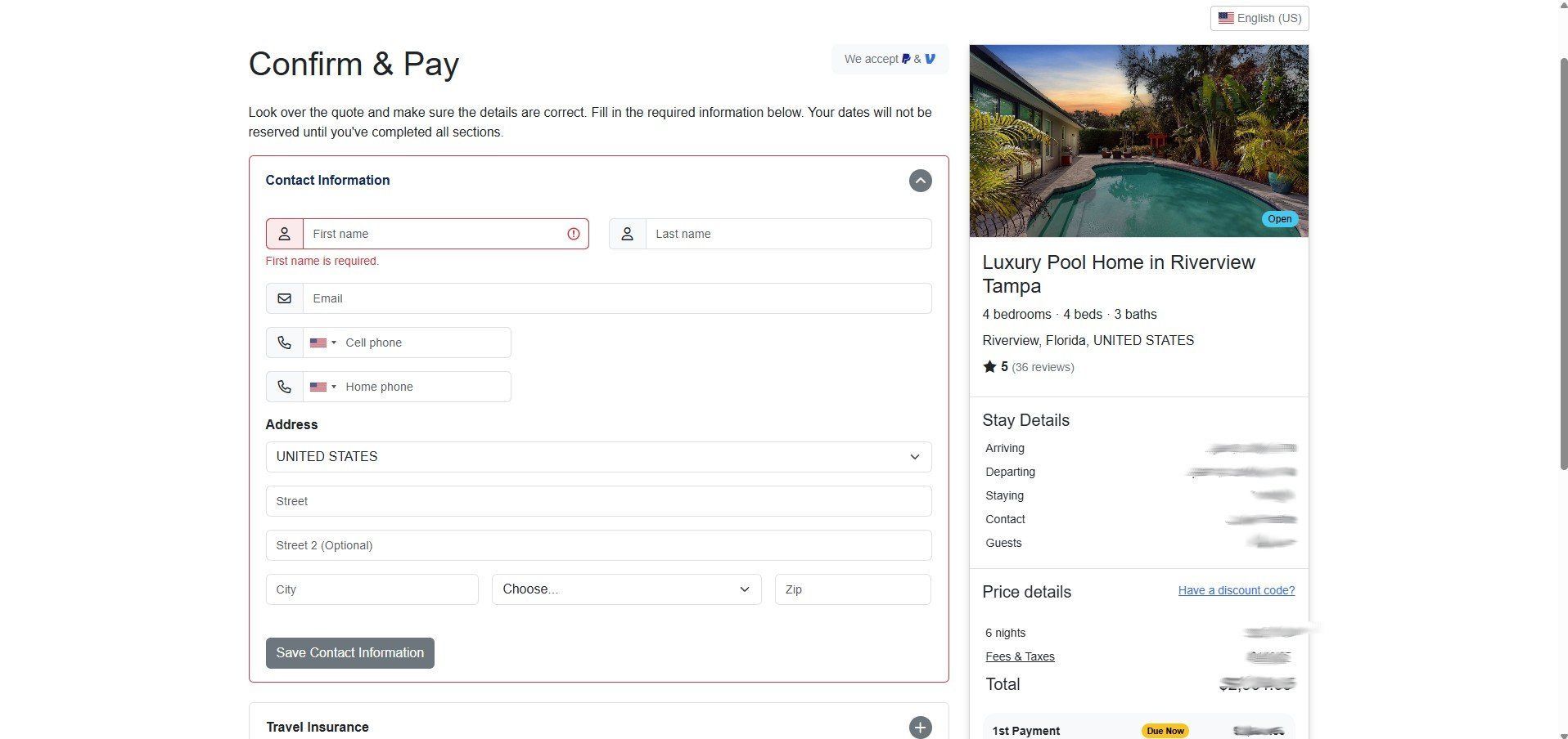 Confirmation and payment form with property details and cost breakdown.