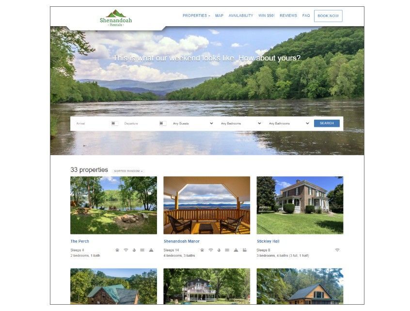 Website homepage: river view, search filters, cabin listings.