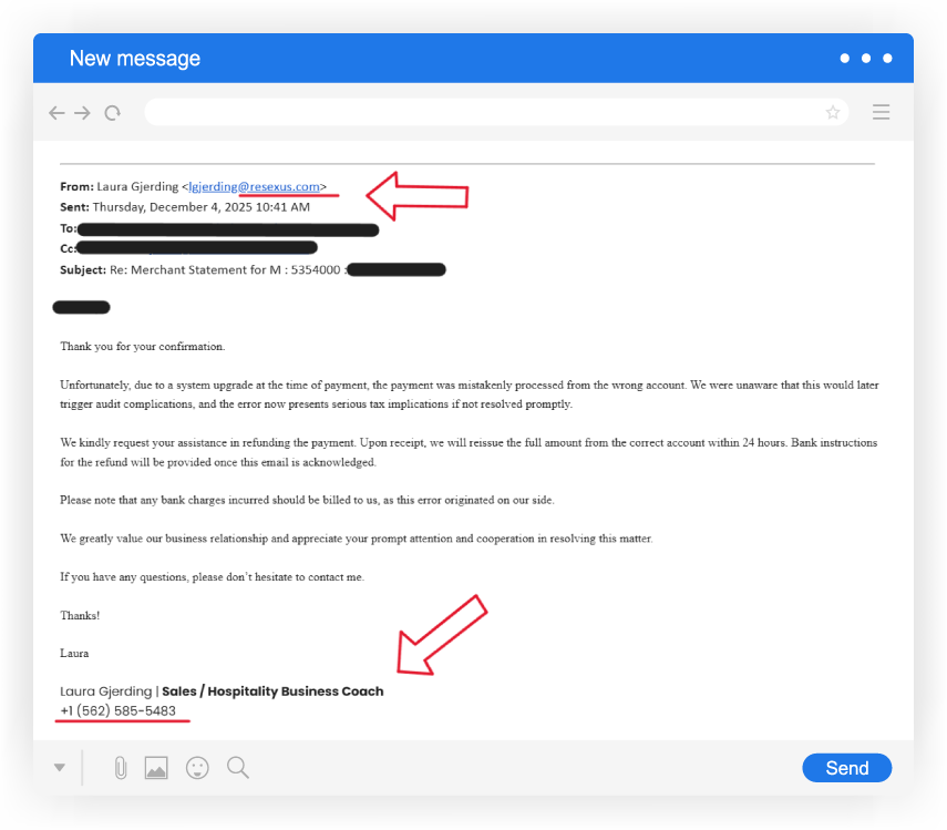 Email message, arrows pointing to sender's email and contact details, and confirmation text.