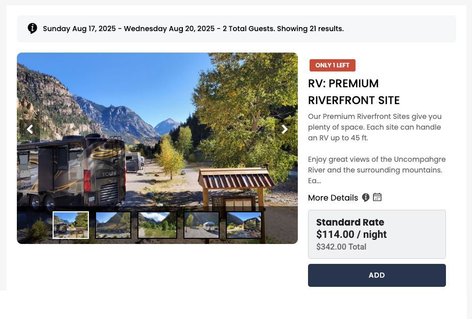 A screenshot of a website showcasing large photos of a campsite