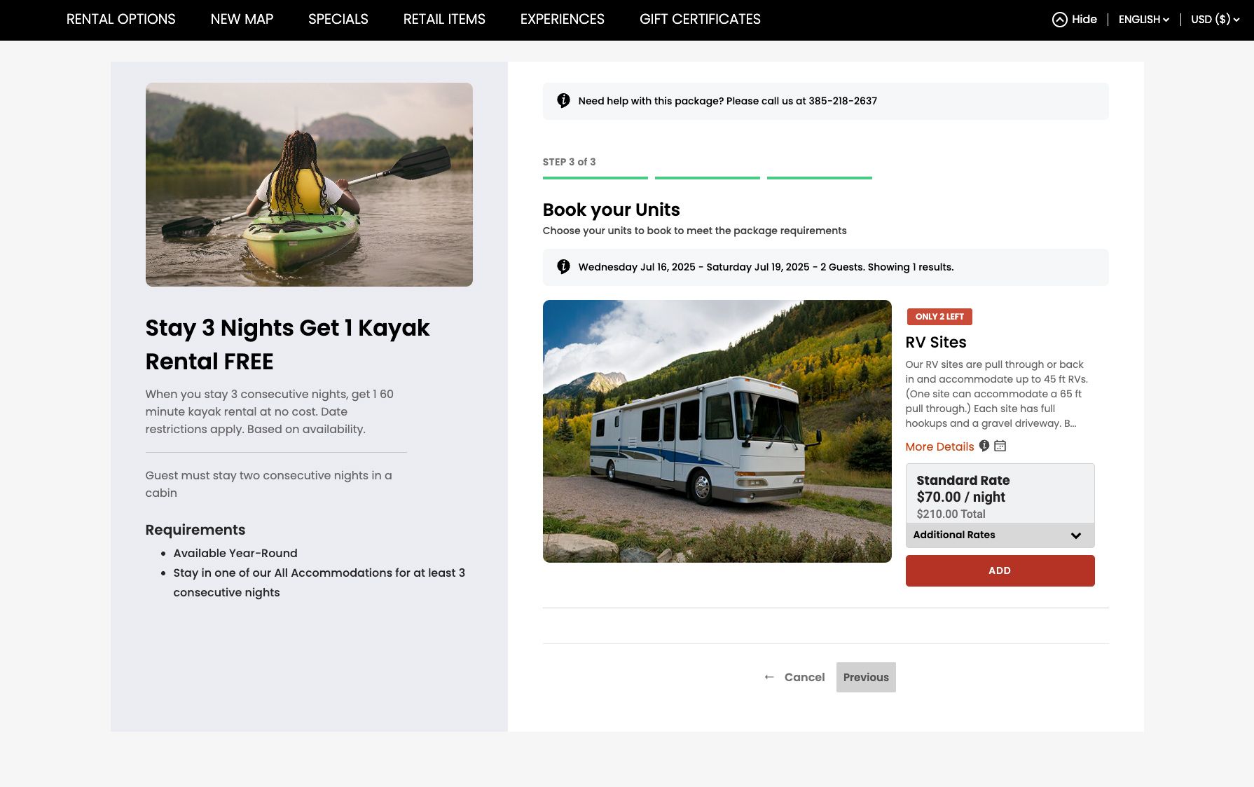 A screenshot of a website showing a person in a kayak and an RV.