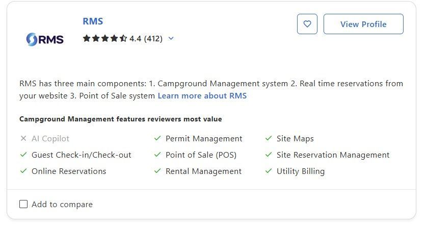 RMS company listing card with ratings, profile button, and a checklist of property management features