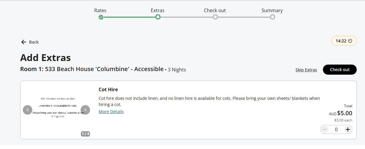 Food ordering page for “Addl Extras,” showing a customization step with item details and checkout controls.