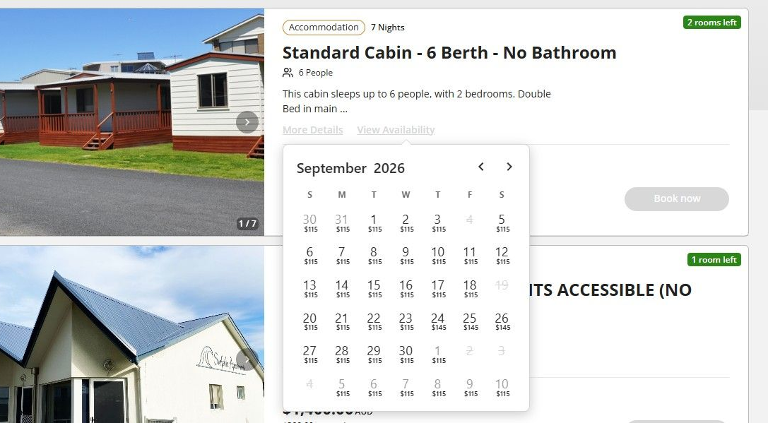 Cabin rental listing with exterior photos and booking calendar overlay on a website