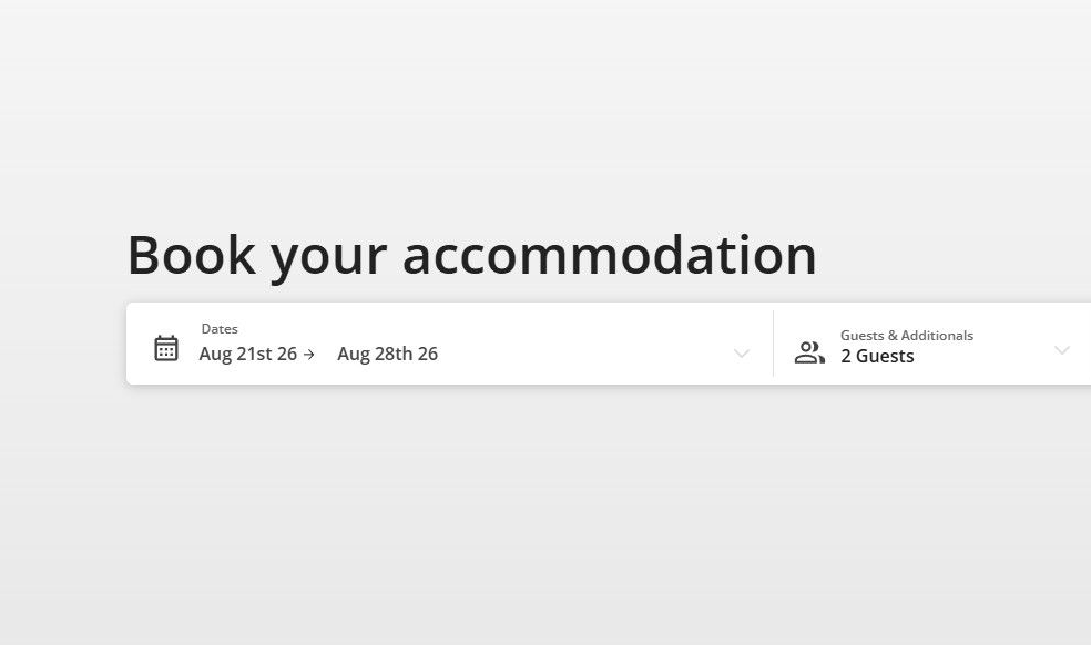Accommodation booking page with date selector and guest count fields