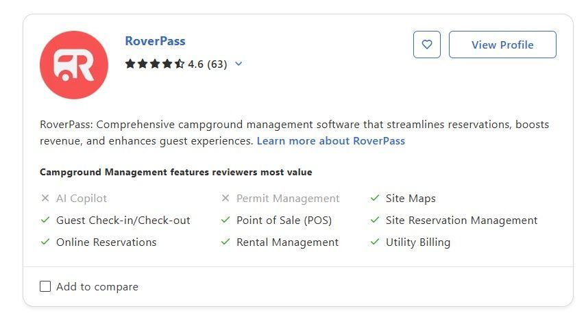 RoverPass software review card with logo, star rating, and features list on a white interface