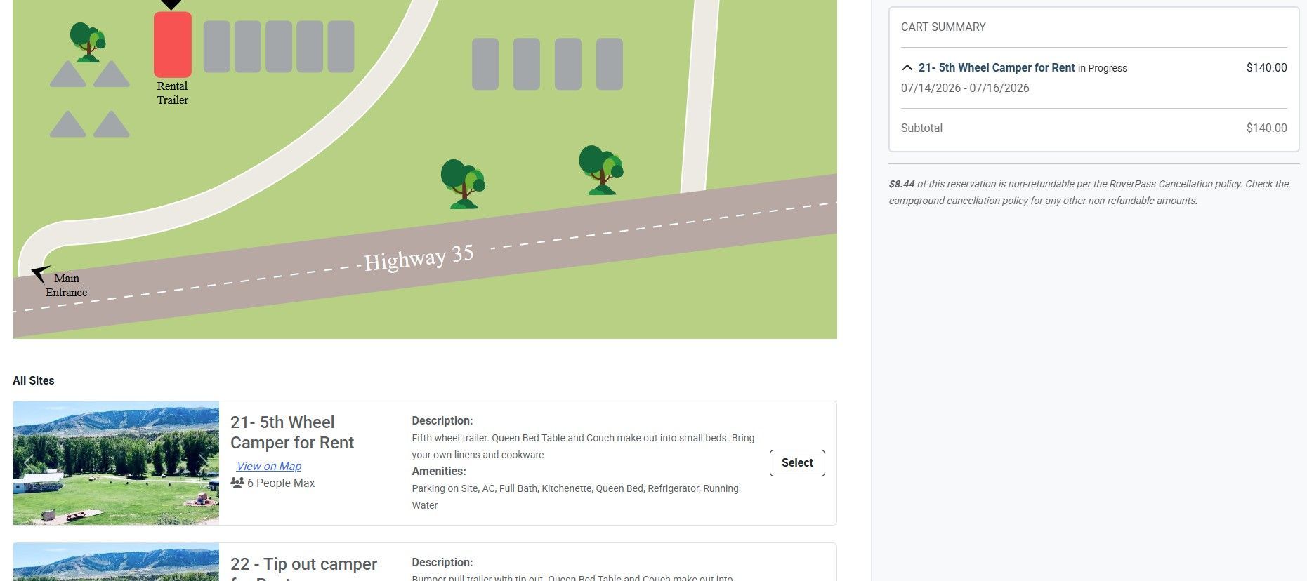 Map-style property view with roads, trees, buildings, and listing details on the right