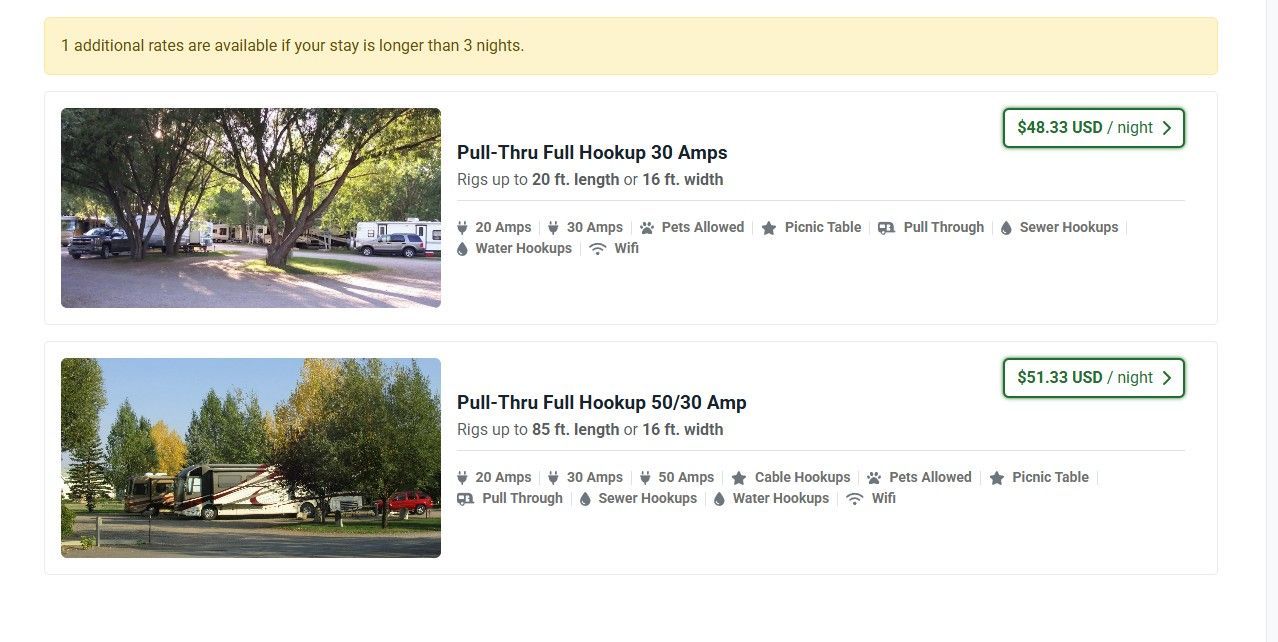 Search results page showing two park listings with tree-lined preview photos and green action buttons.