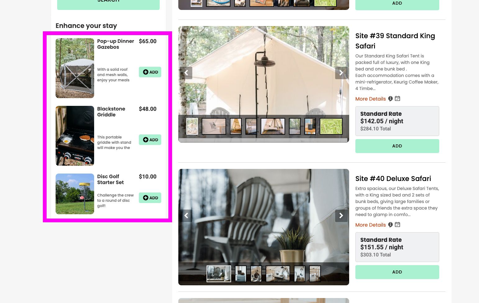 A screenshot of a website showing various campground units
