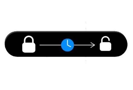 Animated lock unlocking sequence: locked icon, clock, arrow, unlocked icon on black bar.