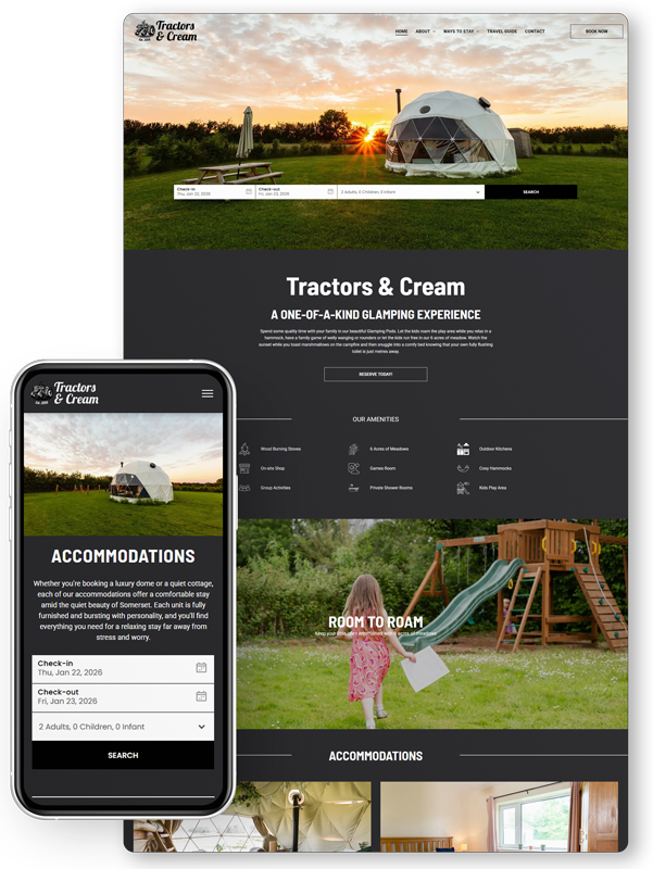 Mobile and desktop website mockup for Tractors & Cream glamping accommodations at sunset