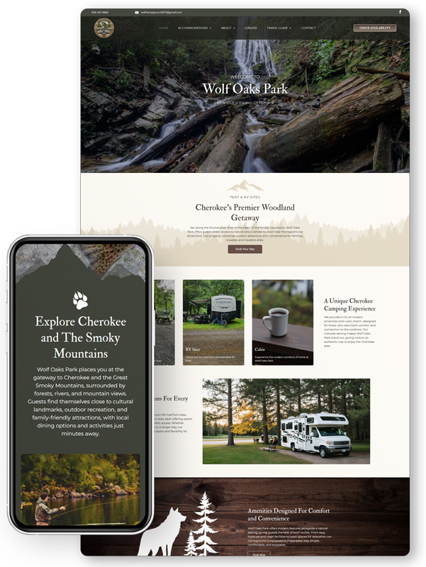 Mobile and desktop views of a camping website with scenic photos and van images