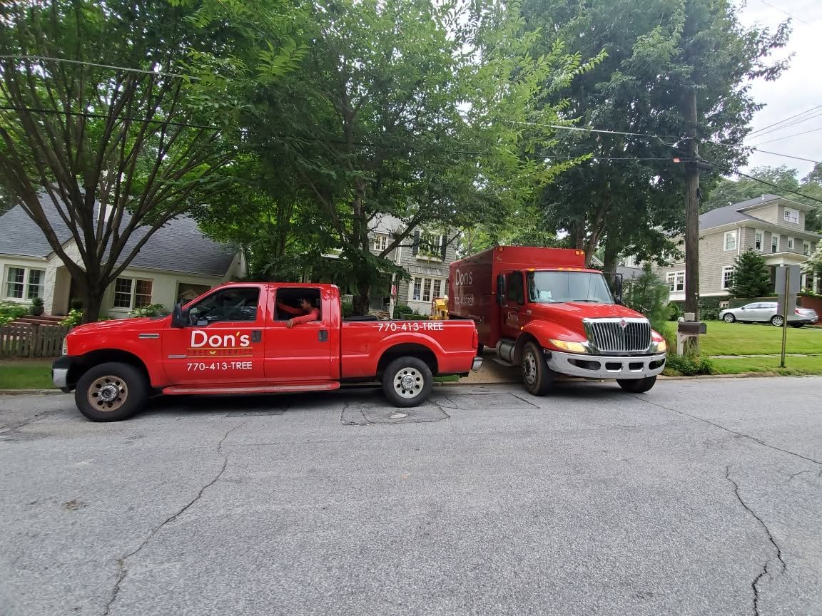 Two red Don’s service trucks parked side by side on a tree-lined residential street