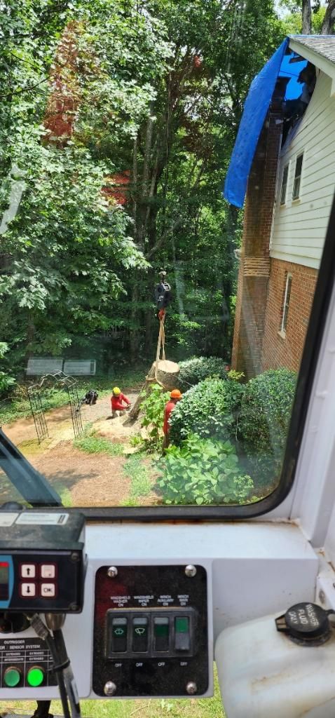 View from a train cab of a leafy yard beside a white building with a blue tarp and a small garden path