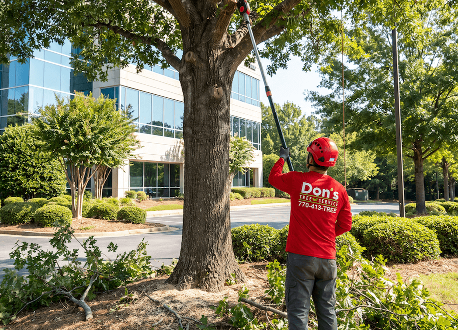 Worker in red shirt trims a large tree outside an office building