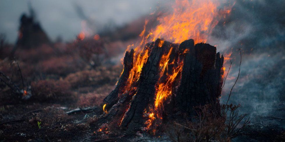 A burning tree stump in a smoky, dark field at dusk
