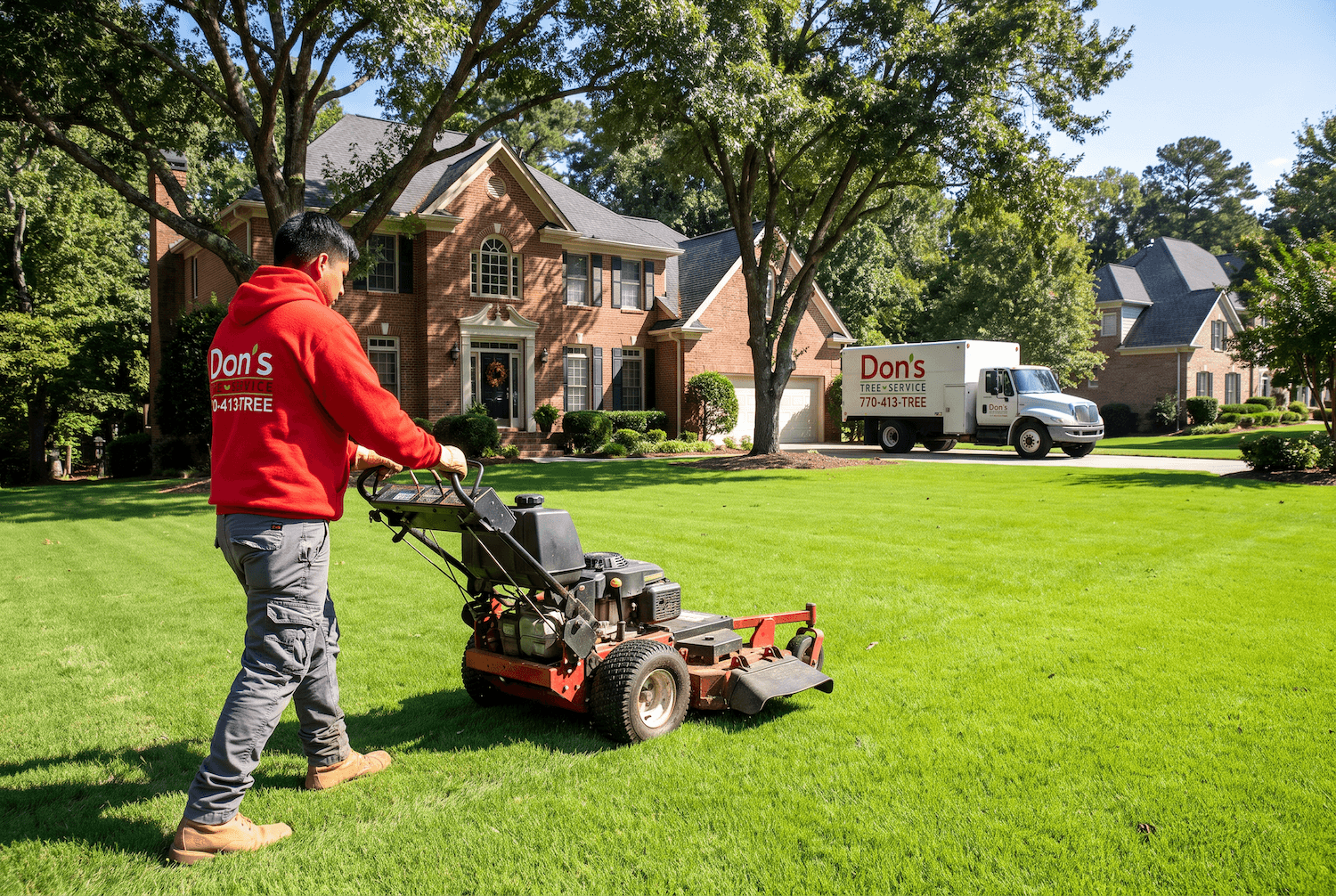 Worker in red hoodie mowing a green lawn in a suburban neighborhood.