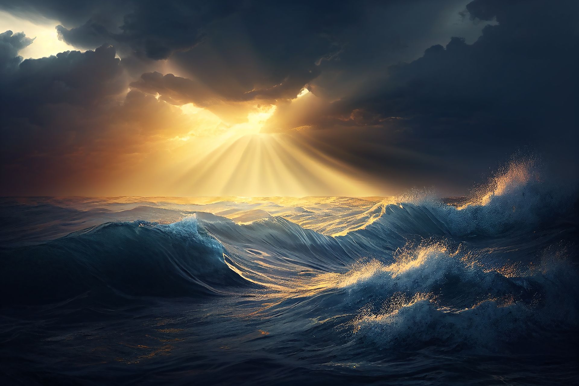 Ocean wave with sunlight breaking through clouds symbolizing healing after trauma