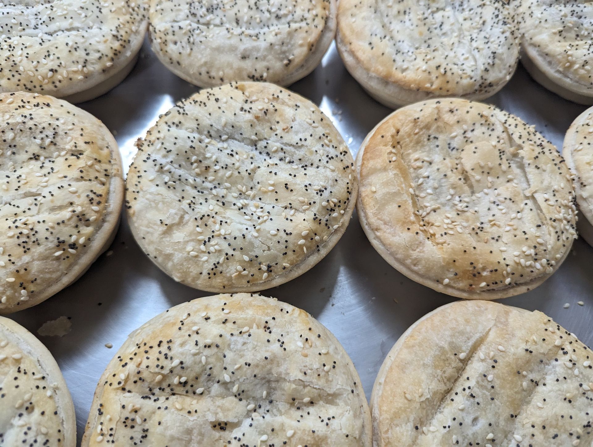 Tray of round, unbaked dough discs topped with seasoning, arranged in rows