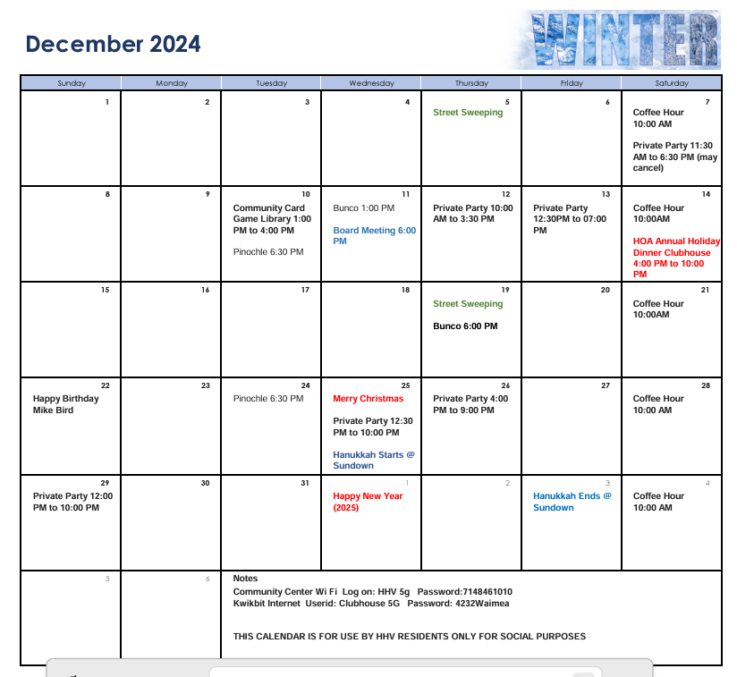 Huntington Harbour Village HOA monthly calendar Huntington Harbour Village HOA monthly calendar