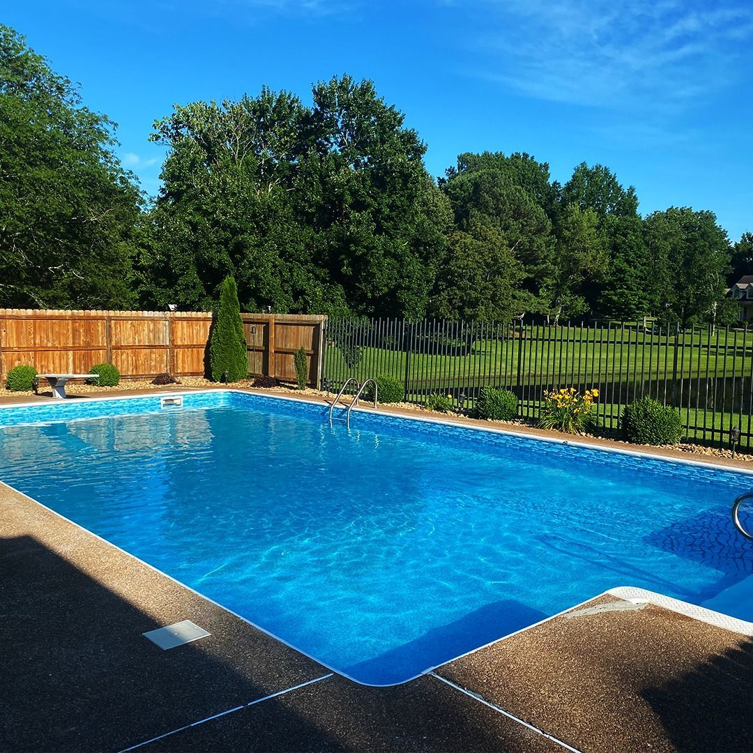 Backyard swimming pool with bright blue water, wooden fence, and trees under a clear sky