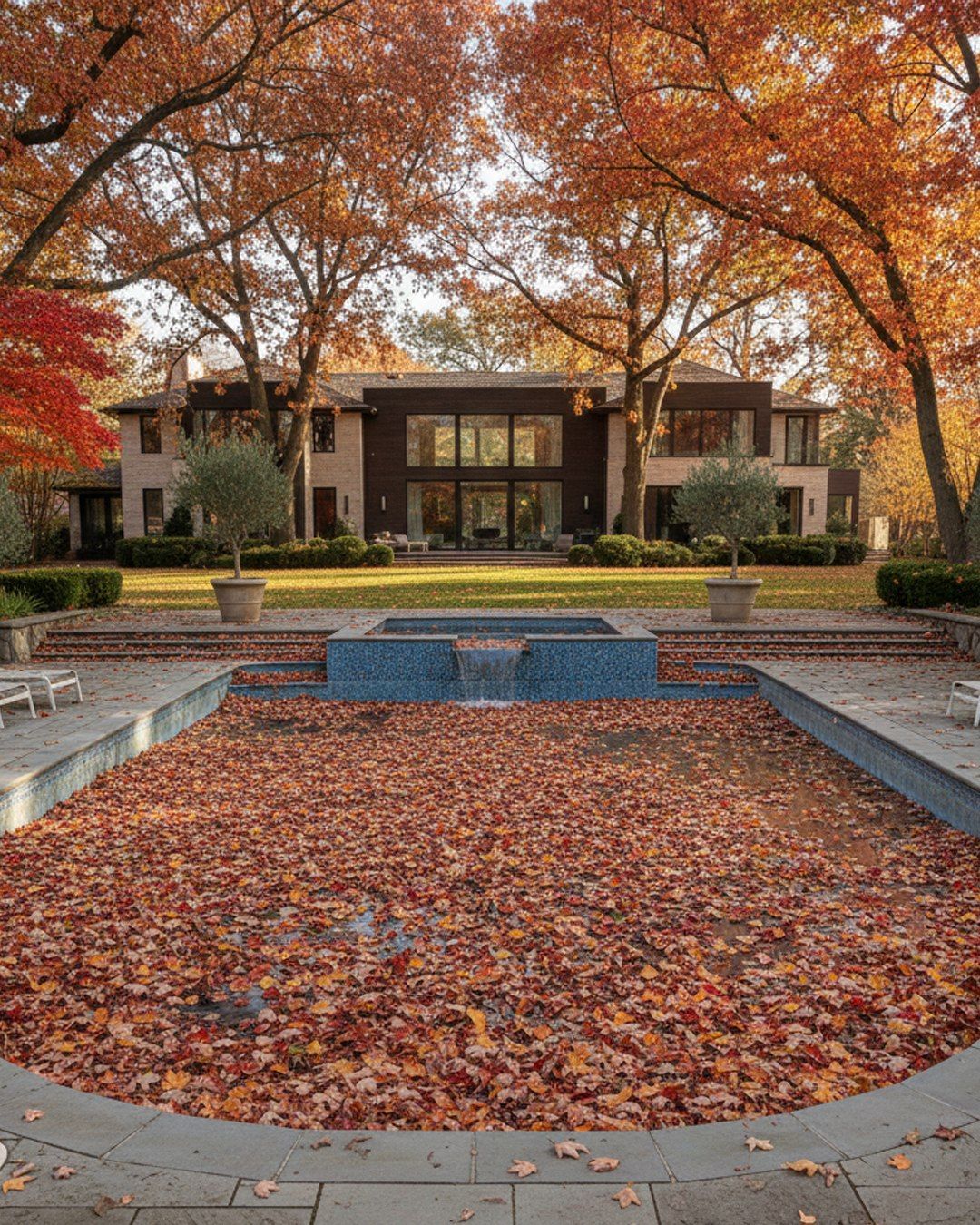 Leaf-covered courtyard with a modern building framed by autumn trees and a reflecting pool