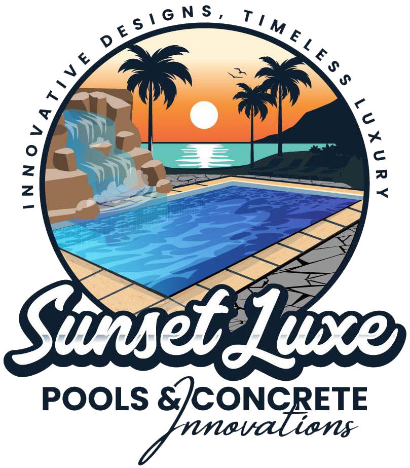Sunset Luxe Pools & Concrete Innovations logo with sunset, palm trees, and blue swimming pool.
