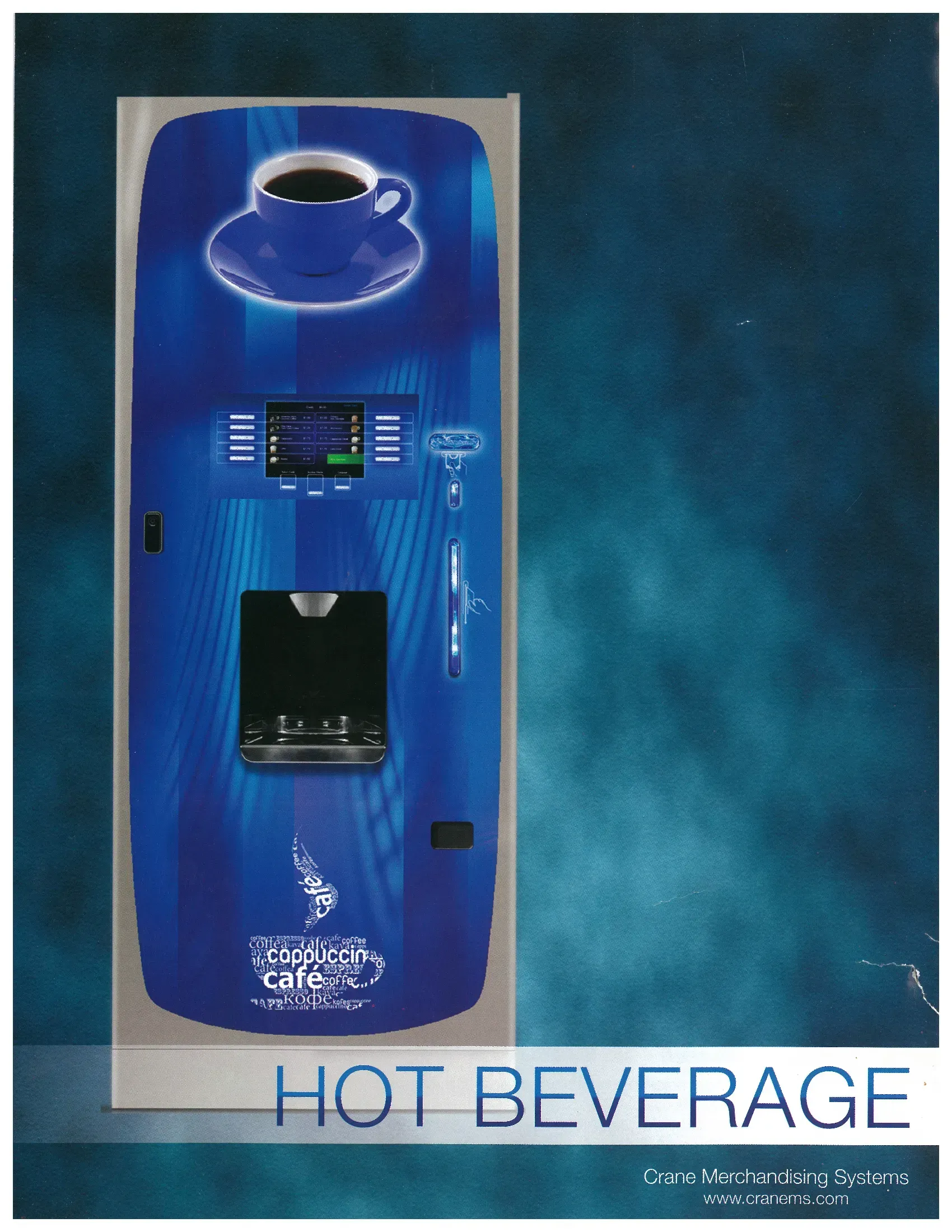 A blue vending machine that says hot beverage on it