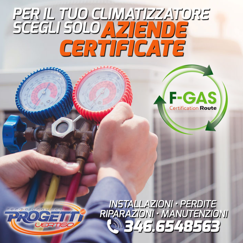 Le mani di un tecnico che tengono degli indicatori, il logo verde F-GAS, la scritta