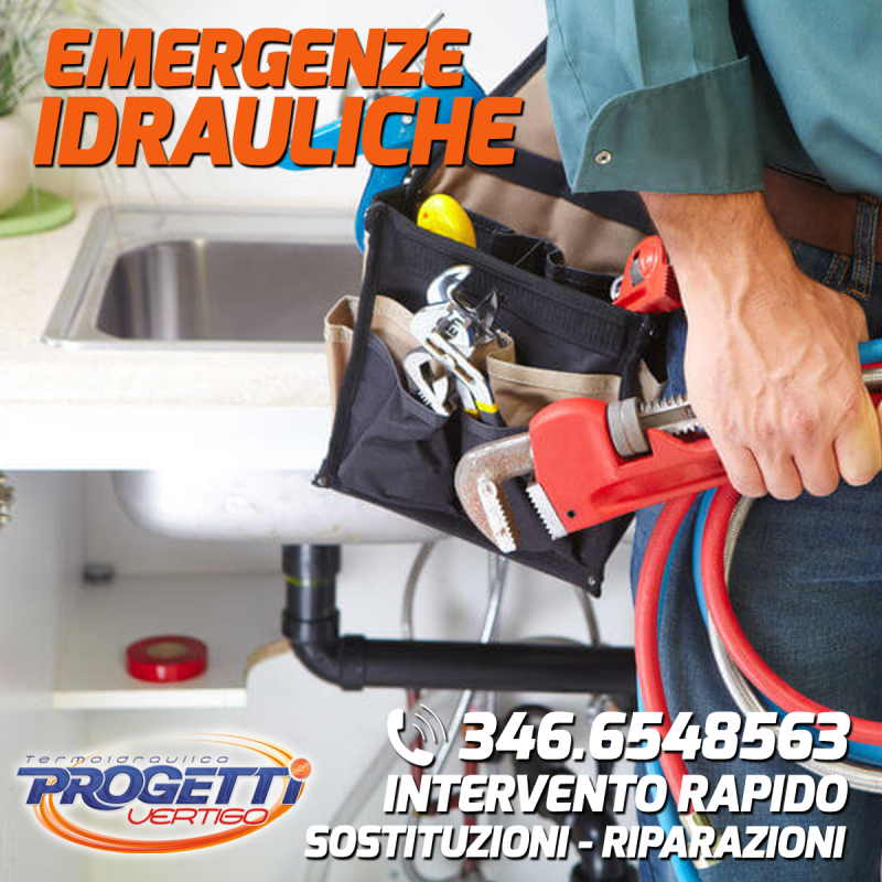 Idraulico con attrezzi vicino a un lavandino; annuncio per servizi idraulici di emergenza con numero di telefono.