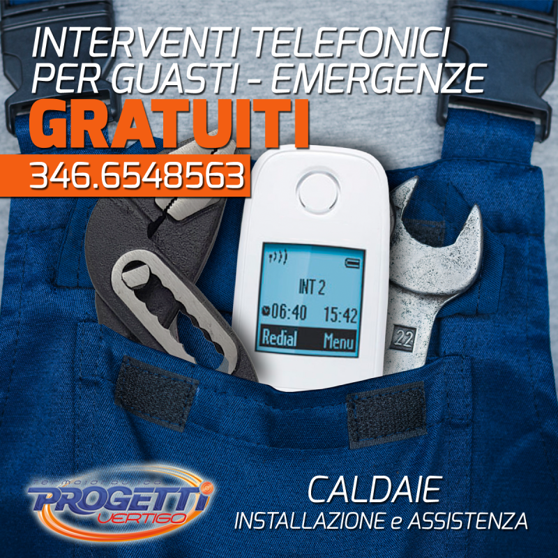 Pubblicità per servizi di riparazione caldaie, che mostra un telefono in tasca, degli attrezzi e un numero di telefono.
