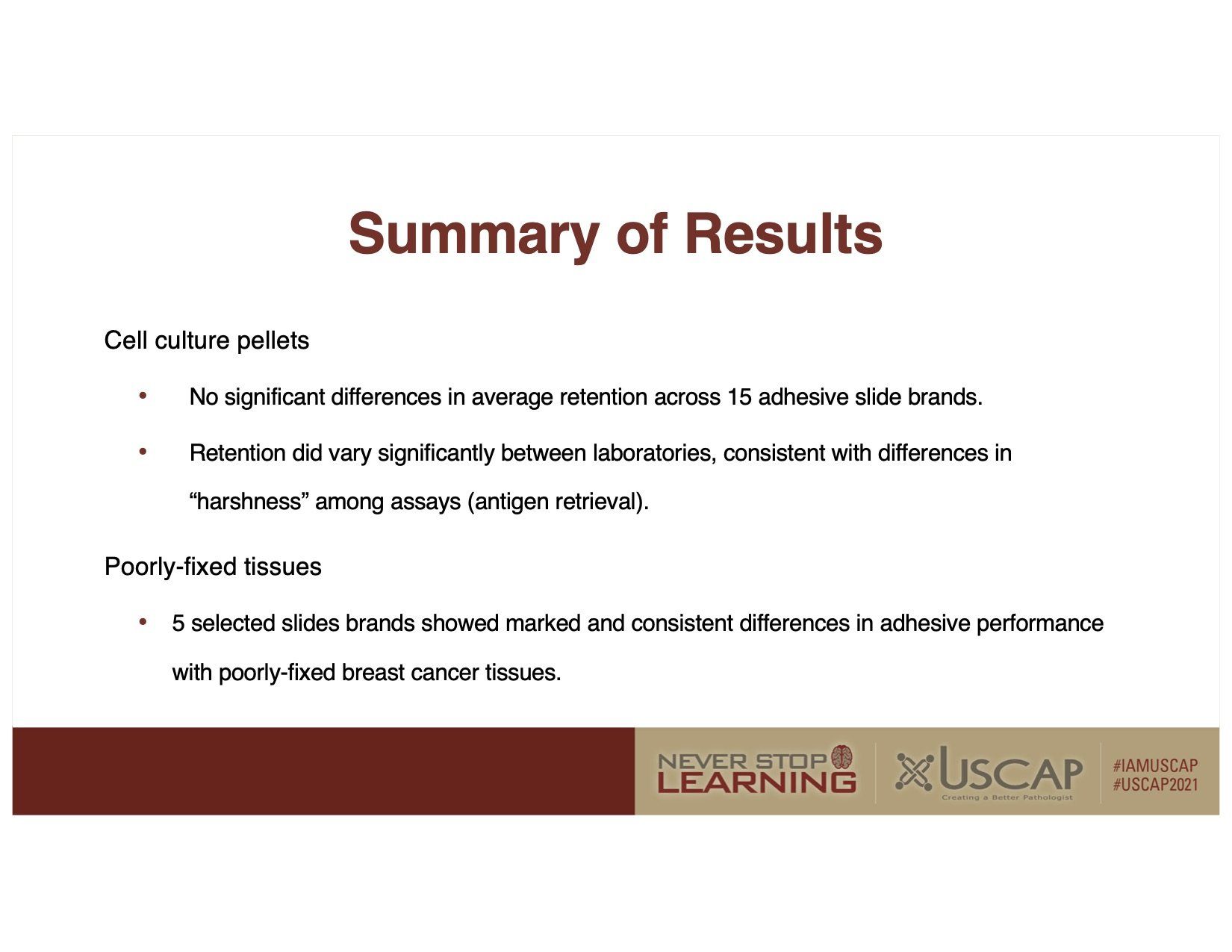 Slide titled “Summary of Results” with bullet points on a white background and a brown footer bar