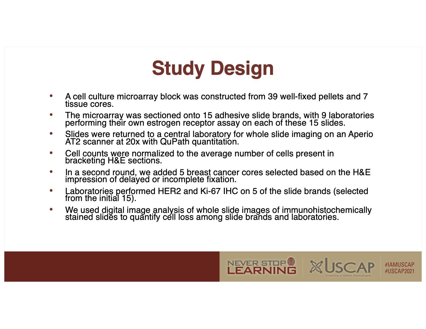 Presentation slide titled “Study Design” with bullet points on a white background and brown footer banner.