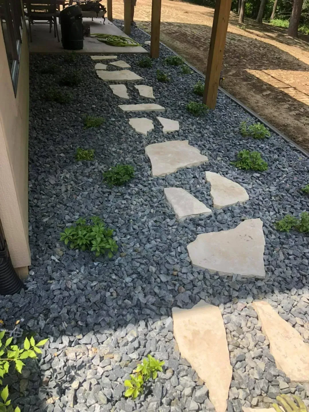 A stone pathway made of irregular light-colored pavers set in dark grey gravel alongside a house wall and wooden posts.