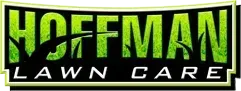 Logo for Hoffman Lawn Care with bold green, grass-textured text on a black background with a light green border.