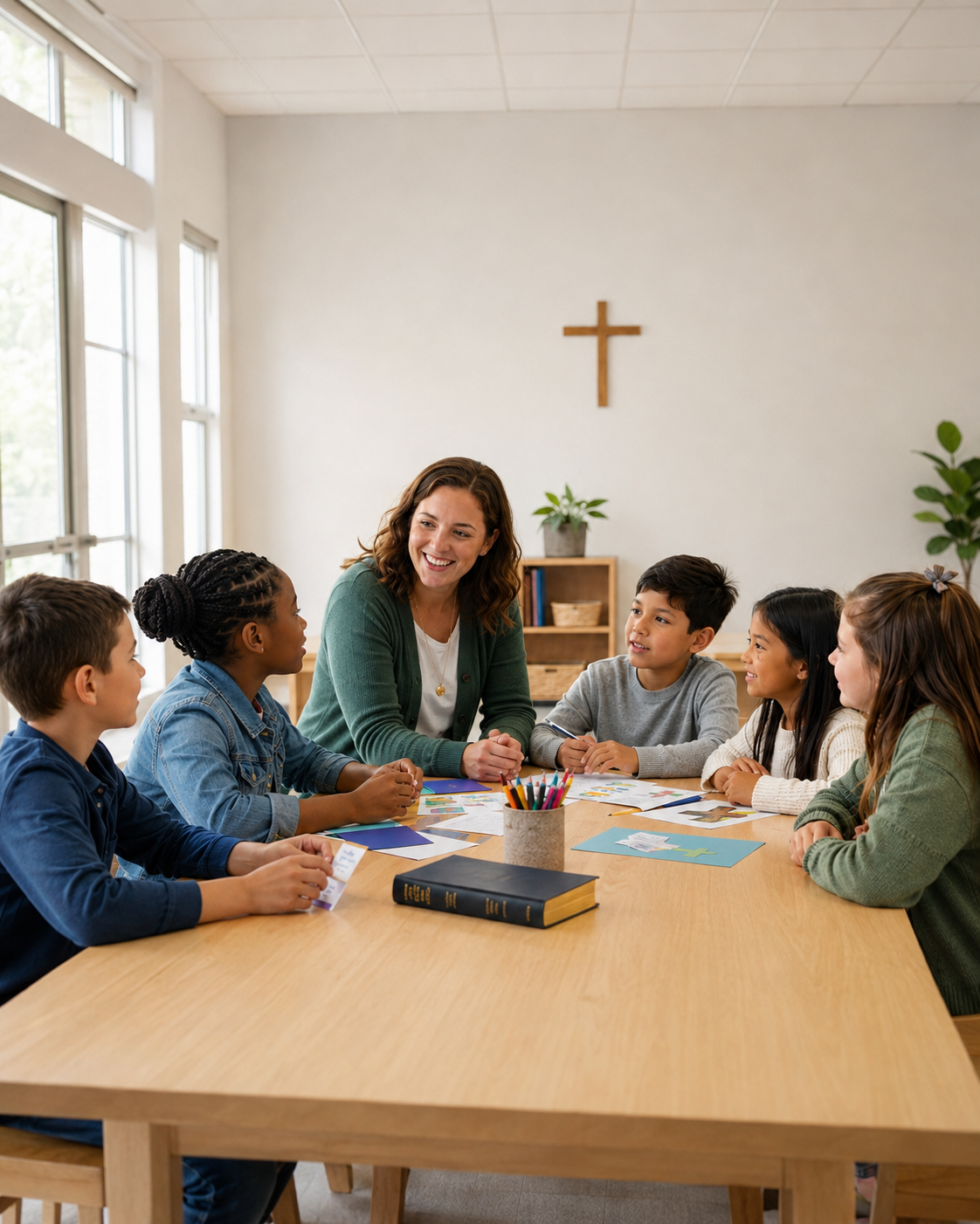 Children gather around a Faith Formation teacher in a small classroom