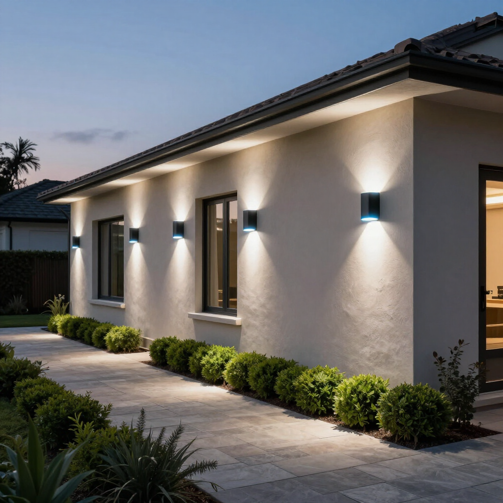 Modern house exterior at dusk with lit wall sconces, white stucco walls, and a landscaped walkway