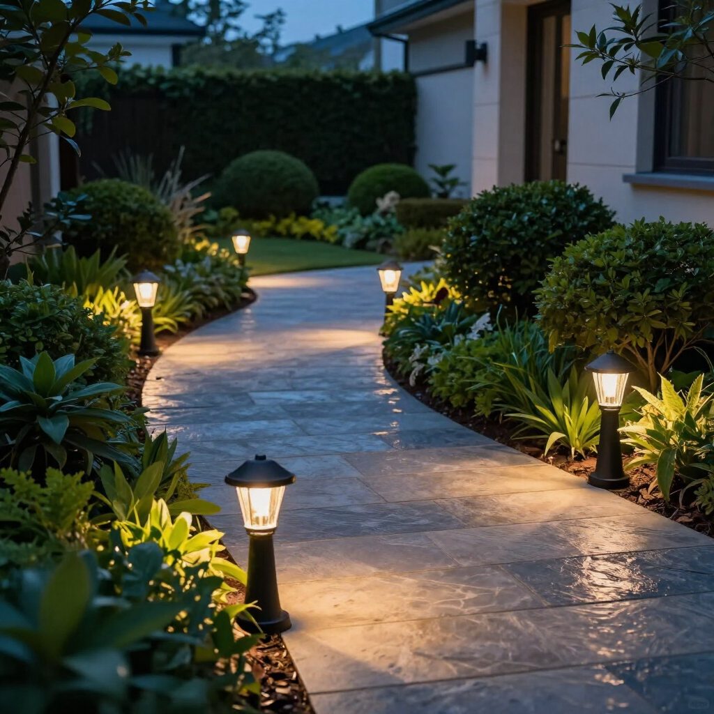 Illuminated garden path curving past manicured shrubs beside a house at dusk