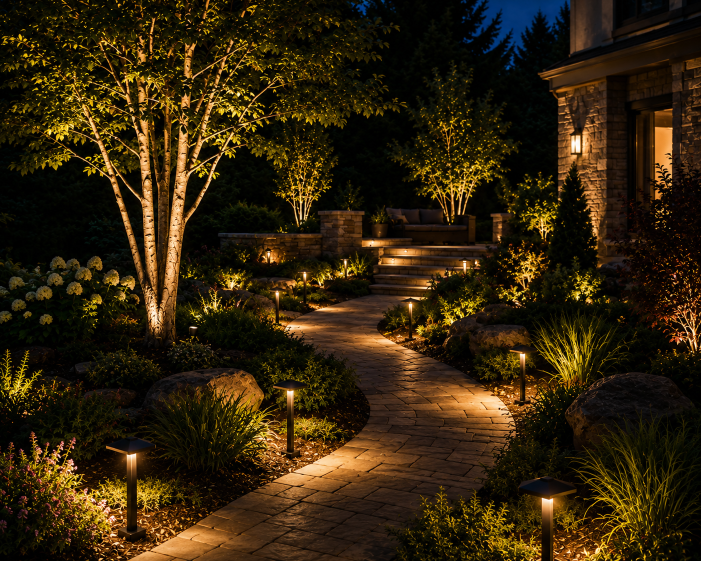 A curved stone paver walkway illuminated by warm path lights and uplighted trees in a backyard garden at night.