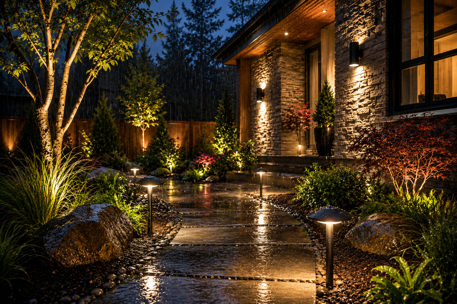 Lit stone walkway with garden lights beside a warmly lit house at night