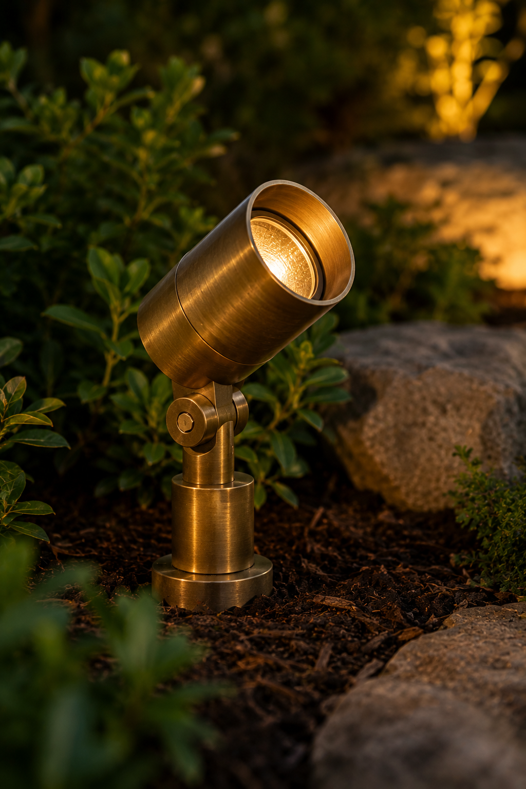 Brass outdoor spotlight illuminating garden plants and rocks at night