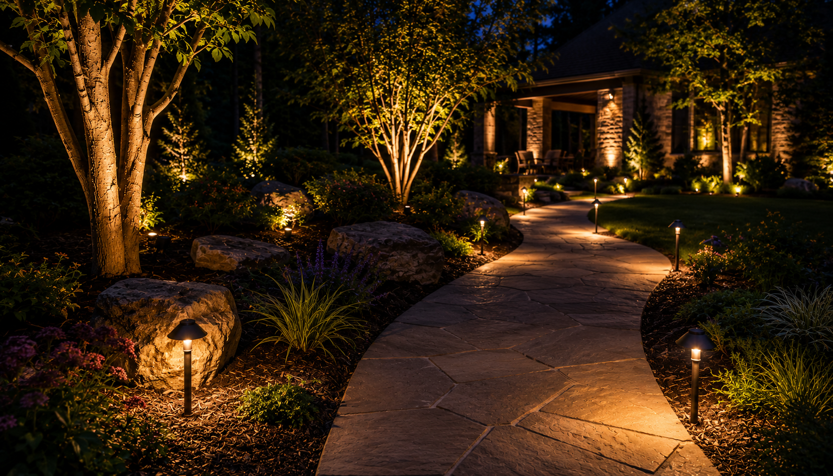 Illuminated stone garden path and landscaped backyard at night.