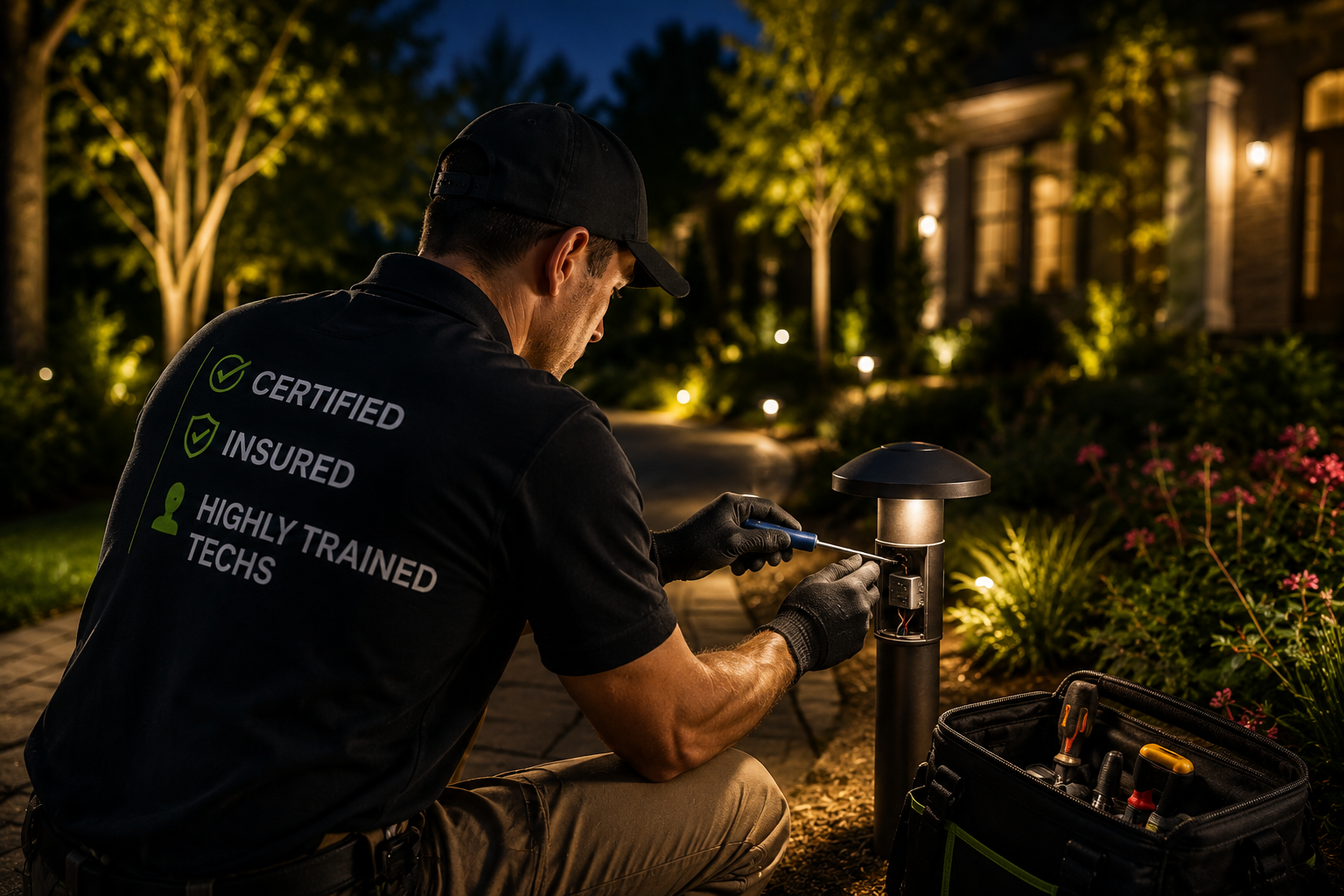 Landscaper kneels by a lit garden path, adjusting a spotlight beside shrubs and tools at night.