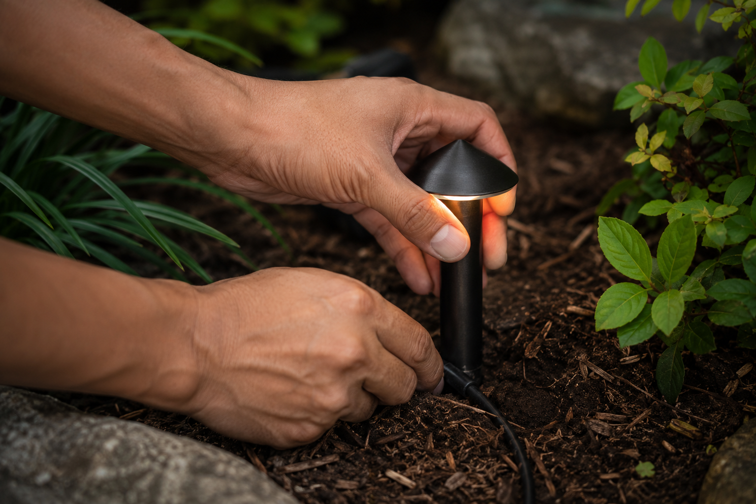 Hands adjusting a black garden sprinkler in soil beside green plants
