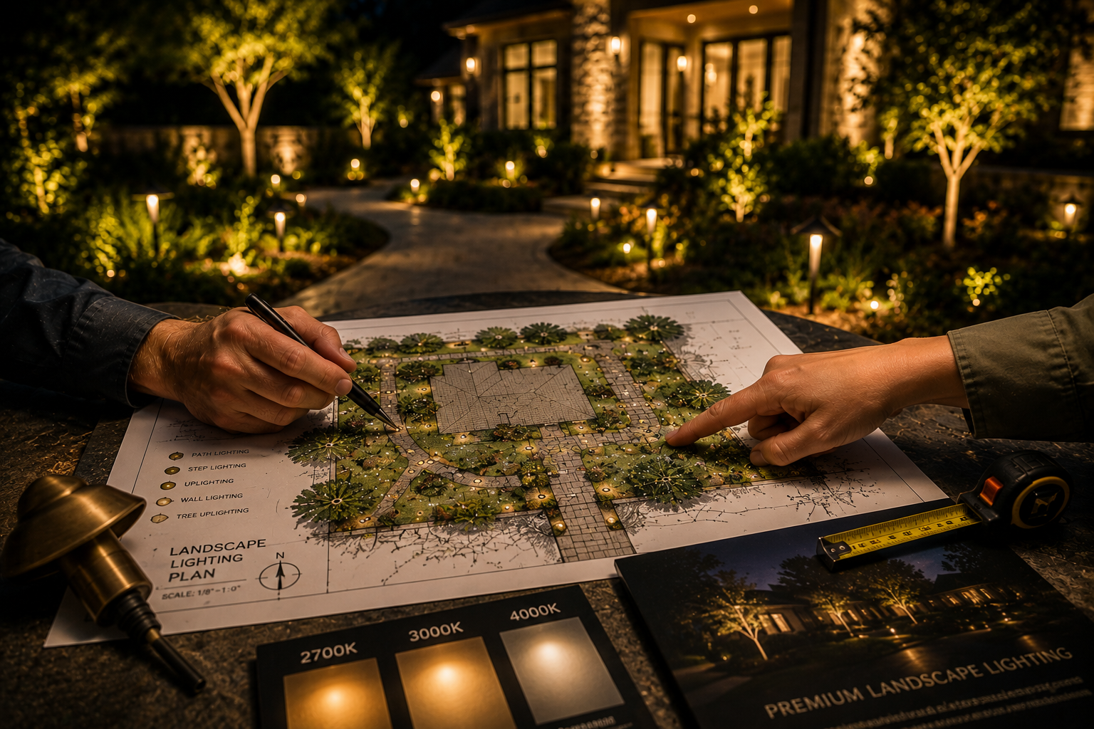 Hands place landscape plans on a lit outdoor patio with a garden and house at night.