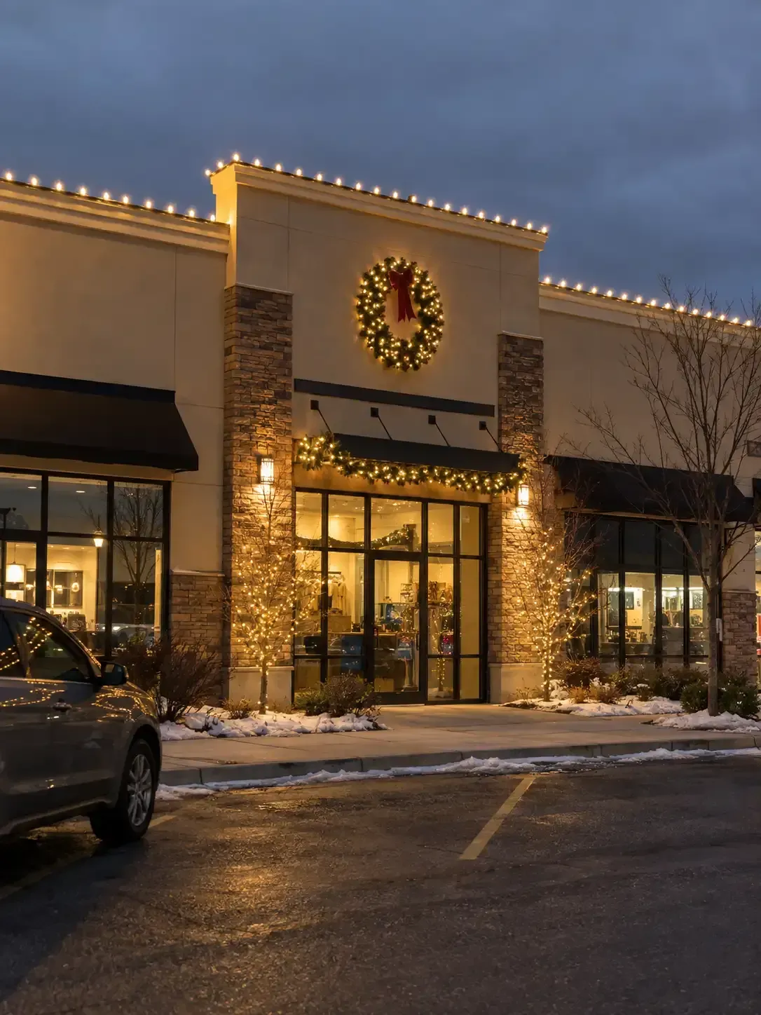House decorated with warm white Christmas lights, candy cane path lights, and lit reindeer in the front yard Holiday-decorated storefront at dusk with warm lights and a wreath above the entrance