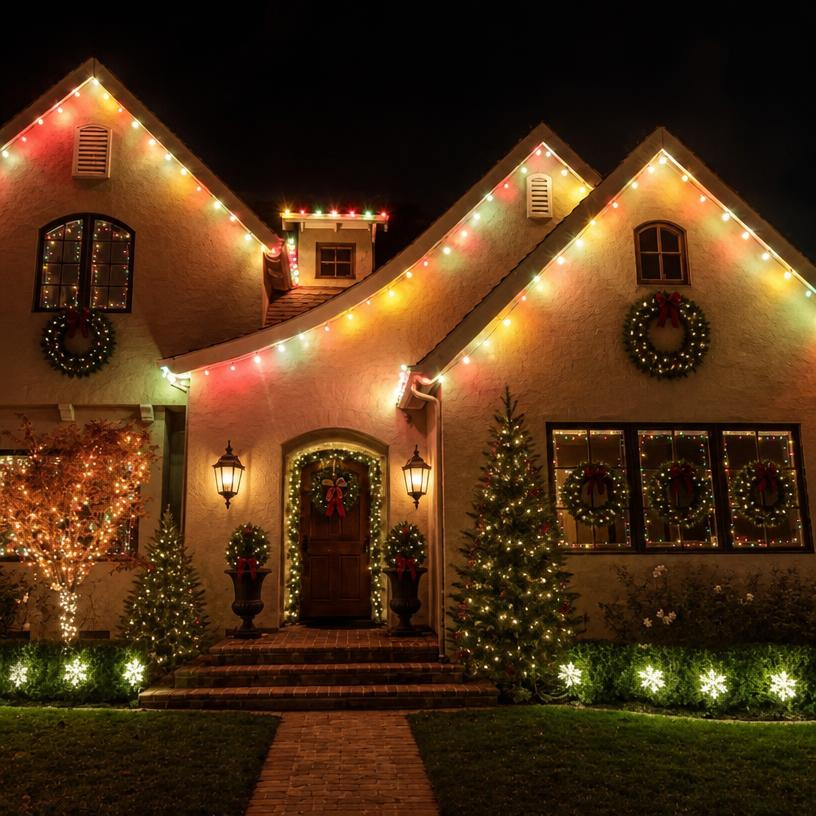 House decorated with colorful Christmas lights at night, with lit shrubs and a front walkway House decorated with colorful Christmas lights at night, with lit shrubs and a front walkway