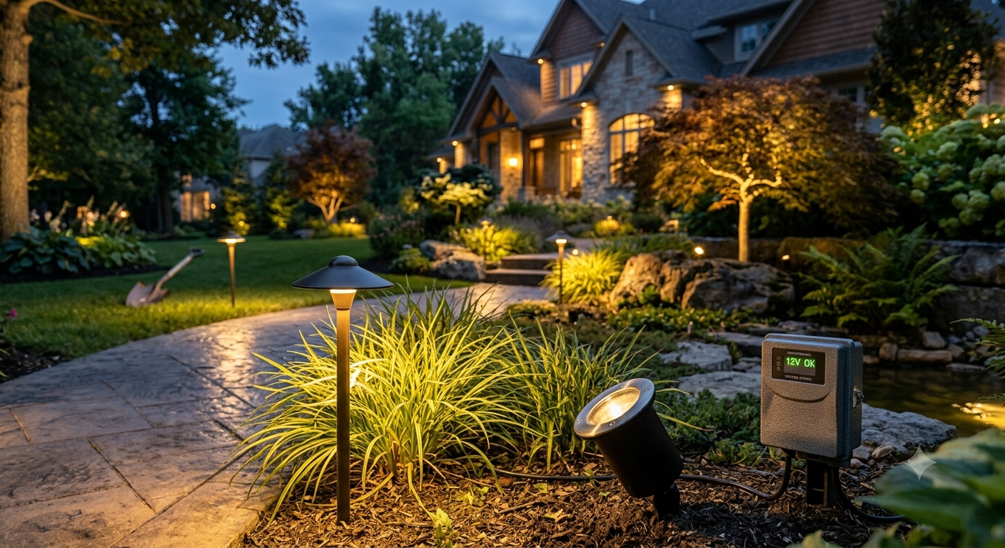 Illuminated suburban house and landscaped front yard at dusk with winding stone path and garden lights